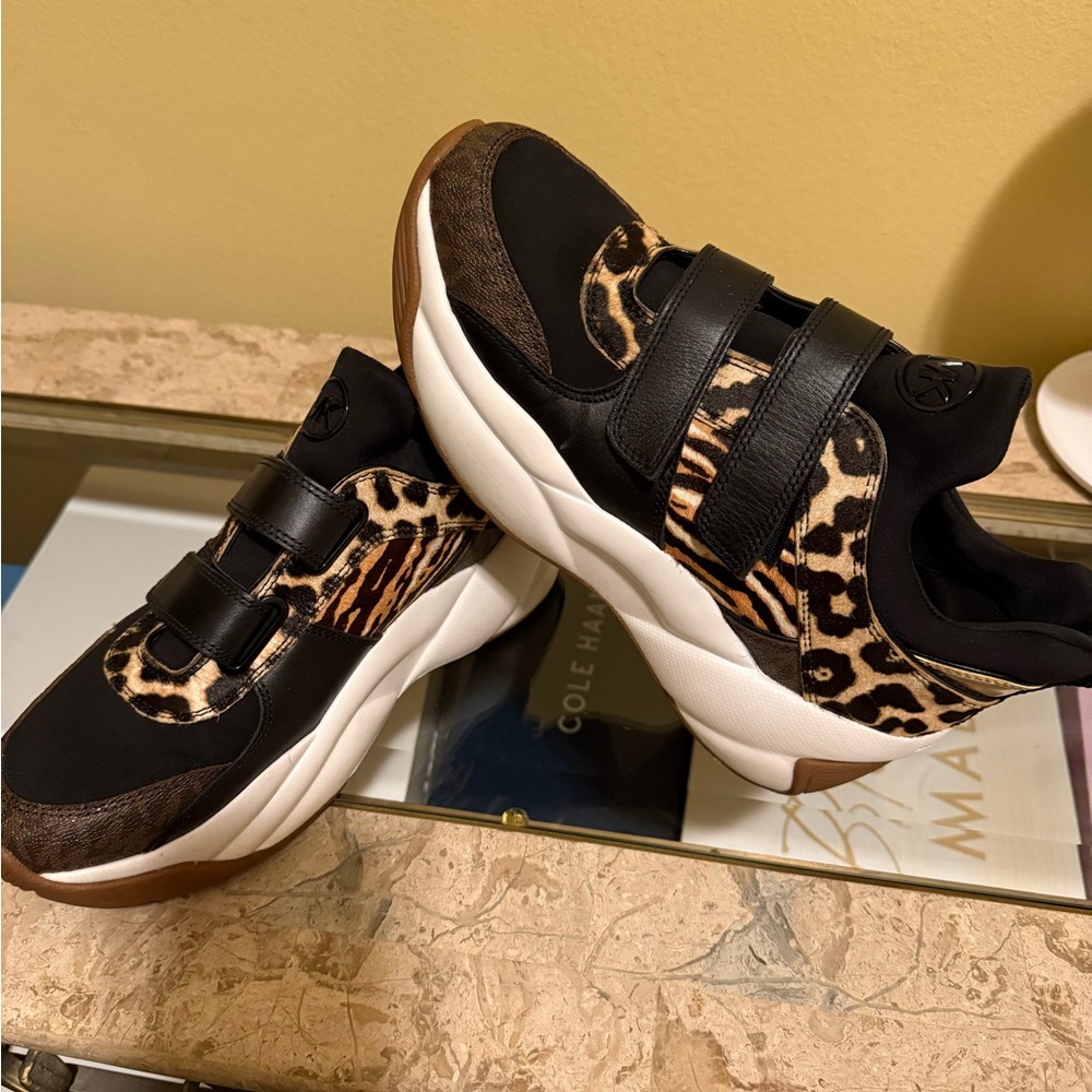 MICHAEL Michael Kors Black and Brown Leopard Sneakers Velcro